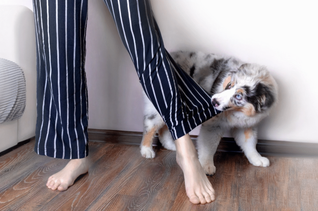  An Australian shepherd puppy biting their owner’s pants