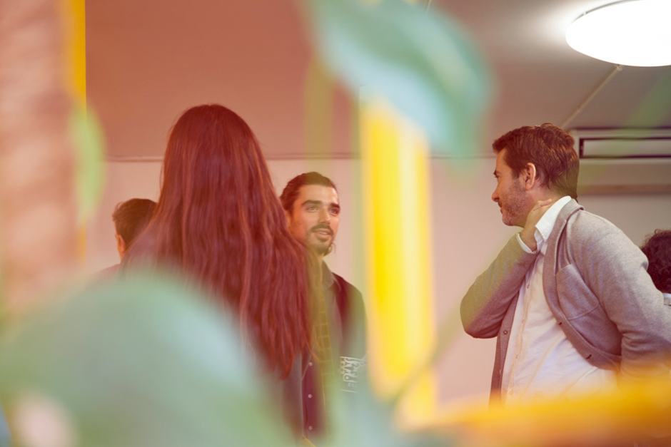 A group of people talking.